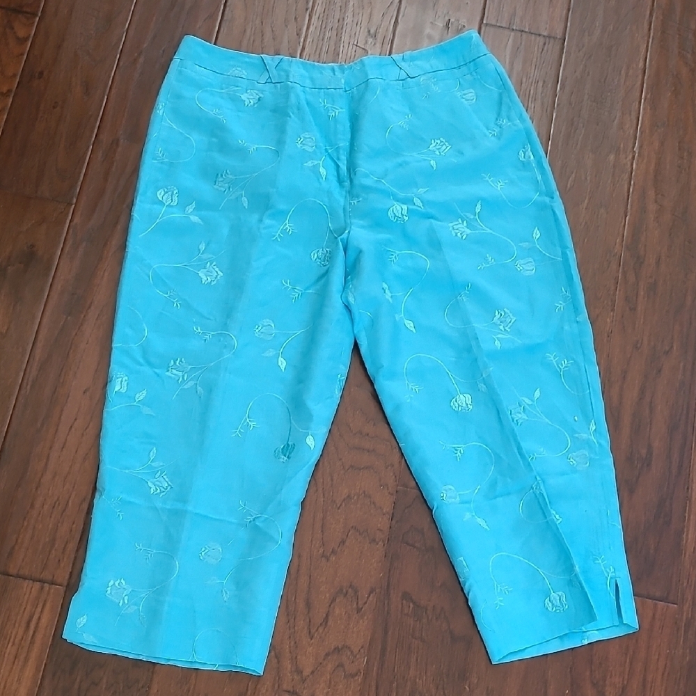 Kim Rogers Turquoise Embroidered Linen Blend Pants size 18